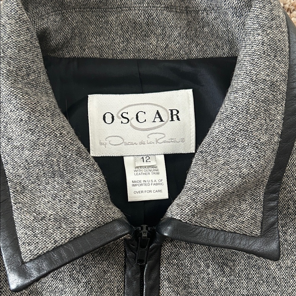 Oscar de la Renta Gray Wool Zip Front Jacket w/ Black Leather Trim *Size 12** 🌺🌺 - Picture 6 of 7